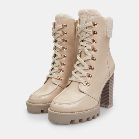Botín de mujer con tacón alto con inserción teddy de cordones, Beige Botín de mujer con tacón alto con inserción teddy de cordones, Beige